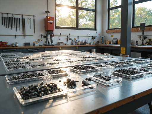 工业产品展示，包括各种机械零件和工具，整齐排列在货架上，明亮自然光