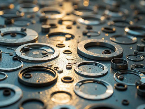 金属加工产品展示，各种金属制品和配件，金属光泽质感明显，专业灯光照明