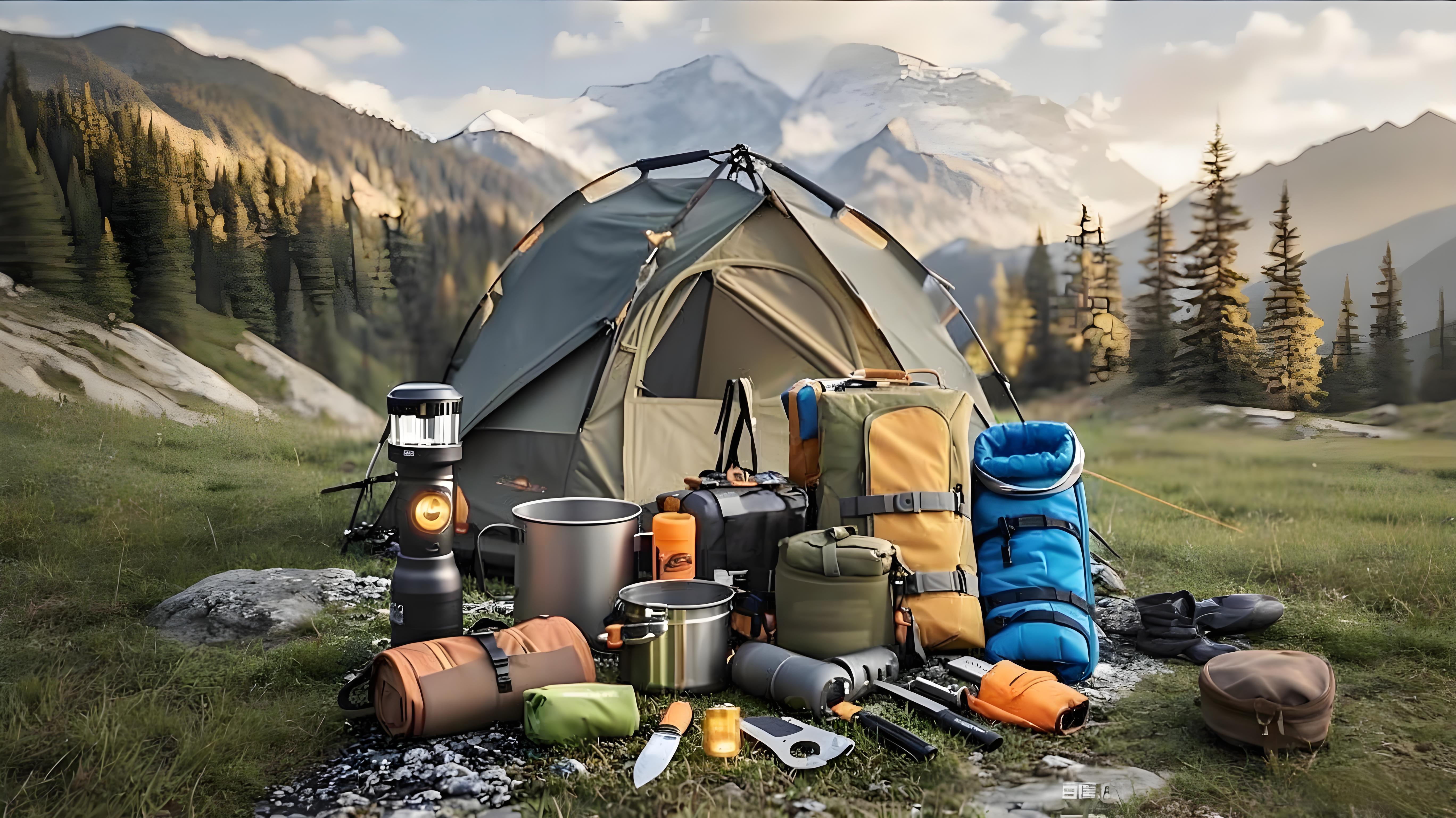 户外用品展示，包括帐篷、登山包、户外装备等，绿色背景突出户外主题，自然光线